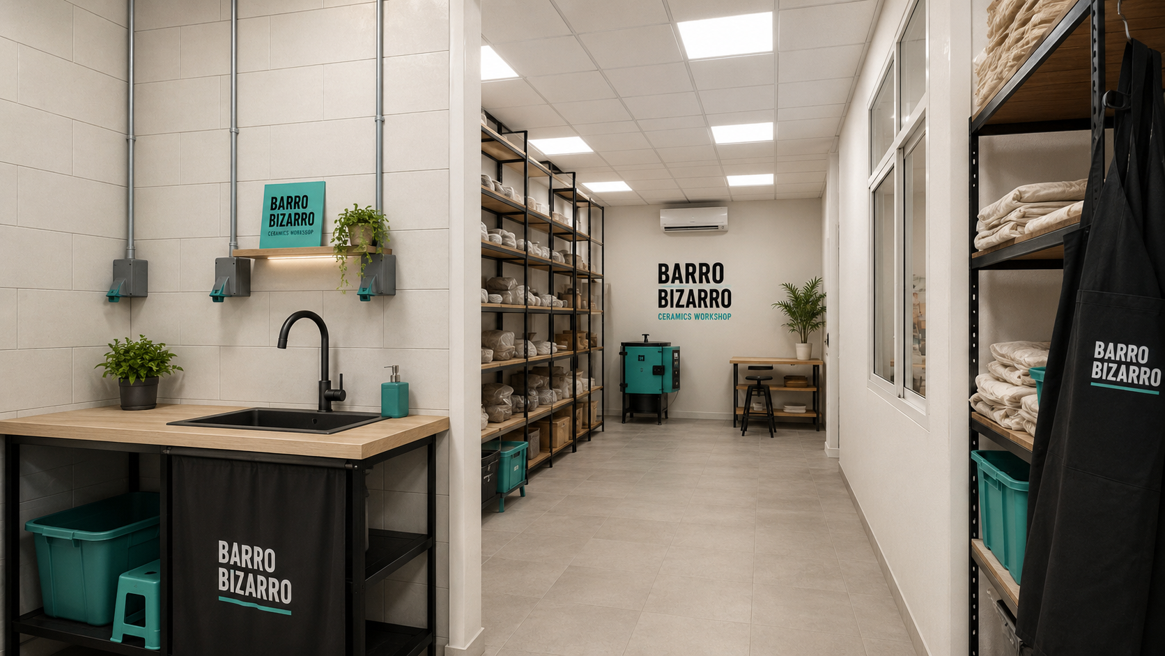Zona de lavado, almacén de barro y horno del taller Barro Bizarro